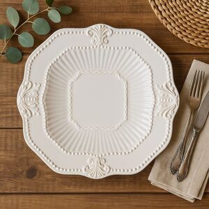 American Atelier Baroque White Stoneware Plate Set Embossed Bead & Shell Design